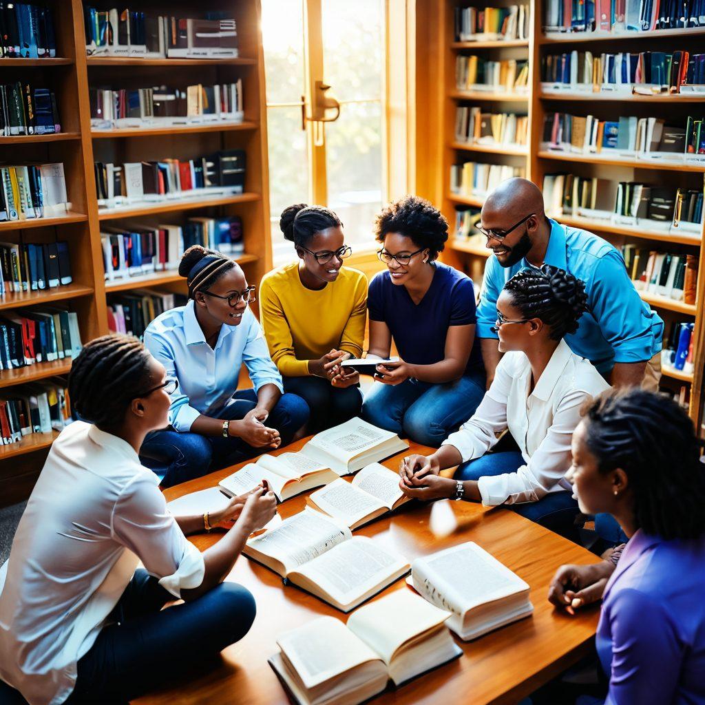 A diverse group of individuals engaging in a collaborative research environment, surrounded by books and technology, symbolizing the journey of survivorship. Include elements of support like open discussions and hugs, with an inspiring backdrop of a sunlit library. The atmosphere should convey hope and empowerment. vibrant colors. super-realistic.