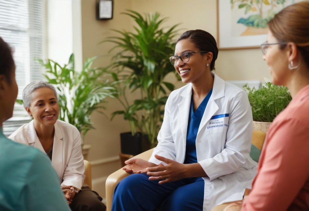 An inspiring scene depicting a diverse group of patients and healthcare professionals engaged in a warm discussion about cancer care and advocacy. In the foreground, a patient joyfully interacts with a supportive advocate, while in the background, a healthcare professional shares valuable insights with a small audience. The setting is a bright, welcoming clinic filled with plants and uplifting artwork. soft focus, warm tones, super-realistic.