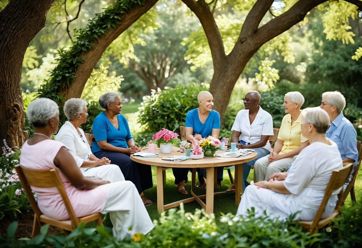 A heartwarming scene featuring a diverse group of cancer survivors engaging in a support group, surrounded by lush greenery symbolizing hope and healing. Incorporate serene elements like soft sunlight filtering through trees, colorful flowers, and individuals sharing their stories with compassion and strength. Include symbolic items like ribbons and wellness books to emphasize care and empowerment. vibrant colors. super-realistic. soft focus.